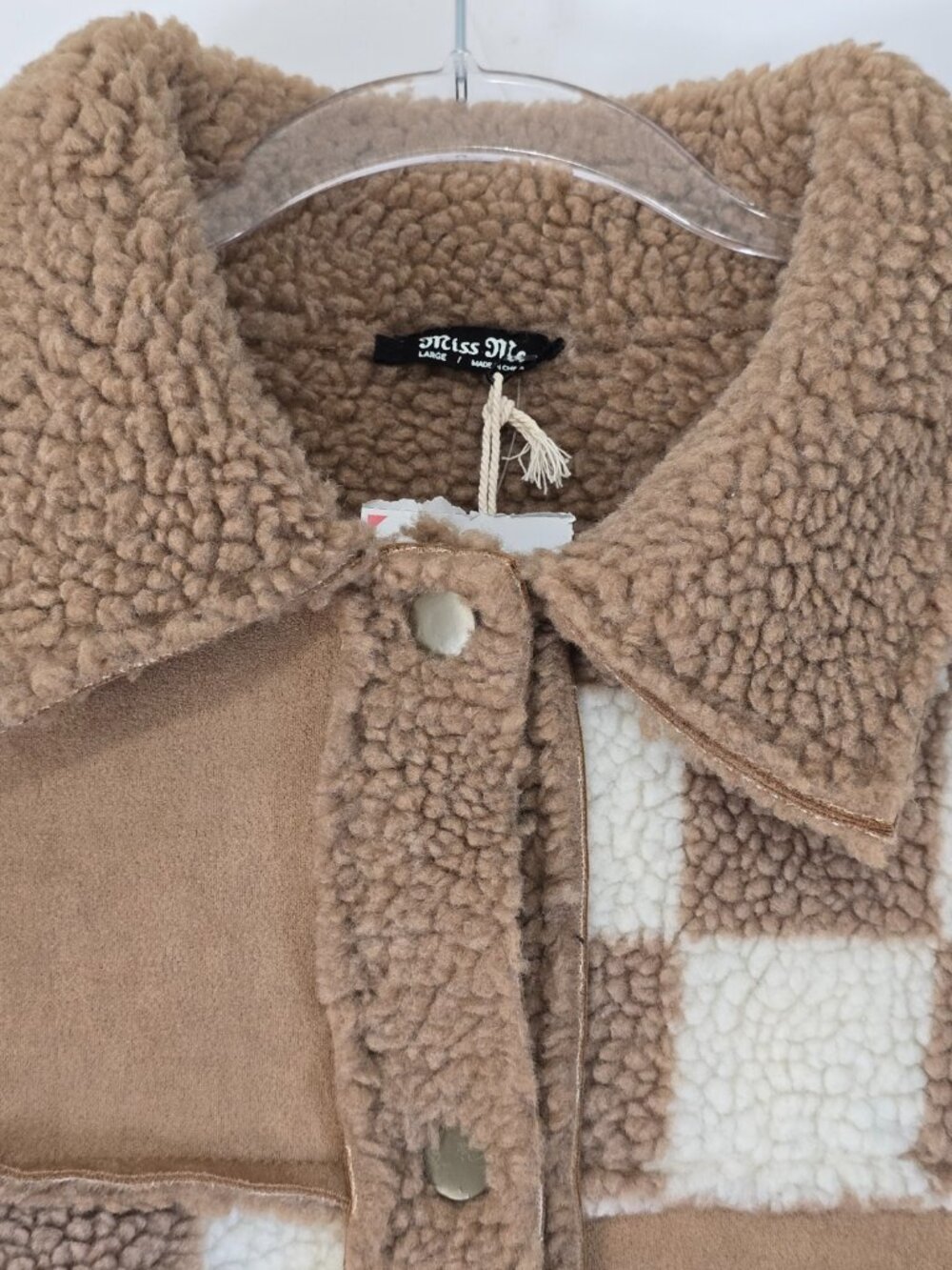 Miss Me Sherpa Faux Suede Jacket L Tan Checkered Patchwork NWT - Picture 5 of 9